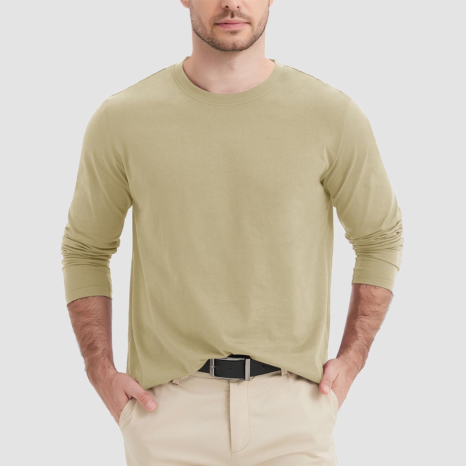Men's breathable crew neck long sleeve shirt in solid color, moisture-wicking cotton blend for daily wear