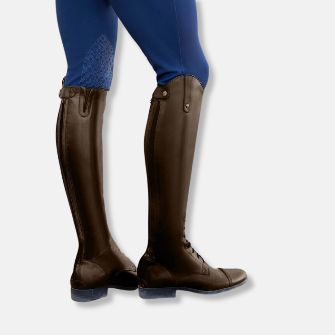 Women's black leather knee-high rider boots with front lace-up detail and back zipper closure