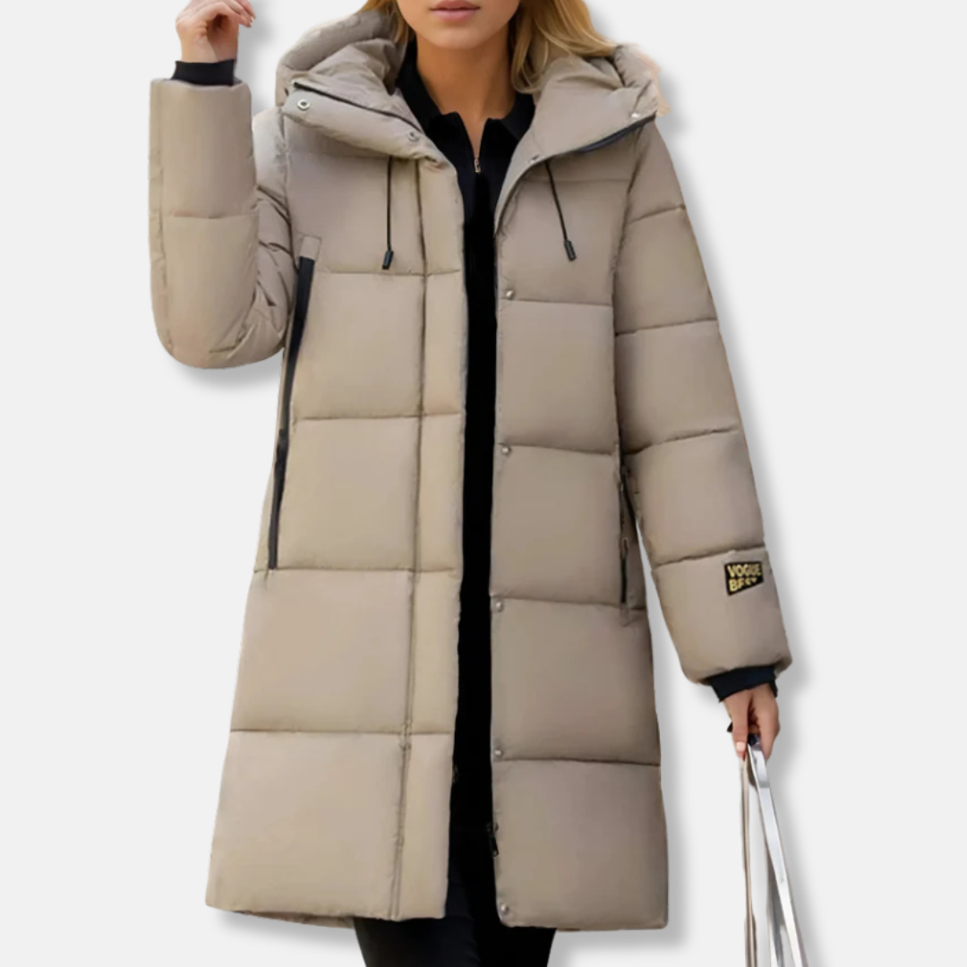 Women's long quilted puffer coat oversized hooded windproof winter insulated shell silhouette