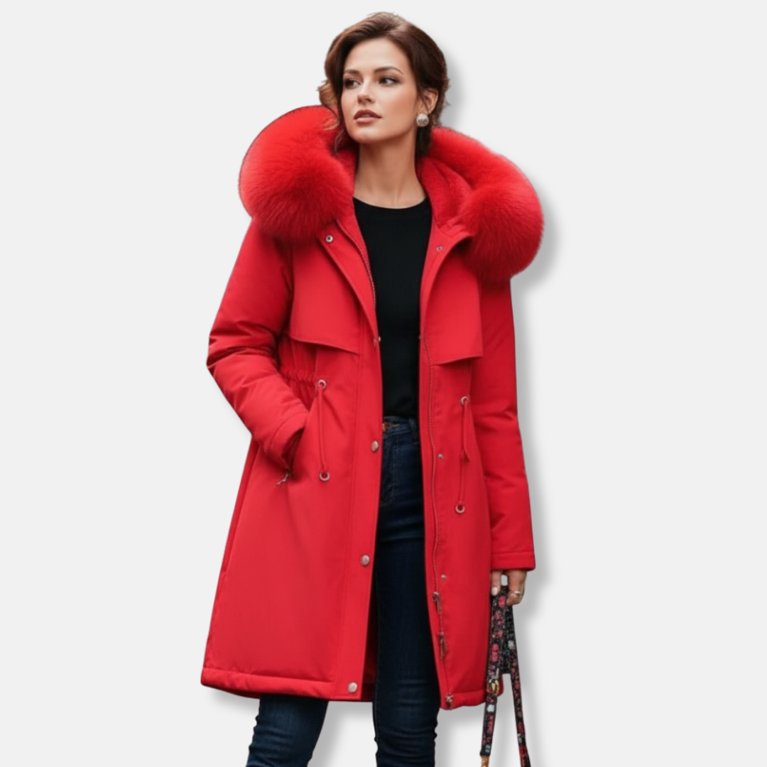Women's insulated knee-length coat with faux fur-trimmed hood, A-line silhouette for winter warmth
