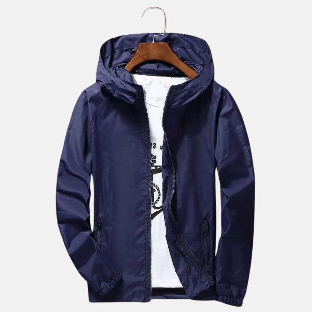 Men's navy blue hooded windbreaker regular fit full-zip casual hip-length elastic hem