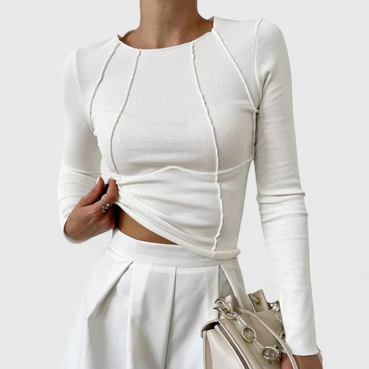 Madison women's long sleeve slim fit top in neutral tone, polished workwear style with streamlined silhouette