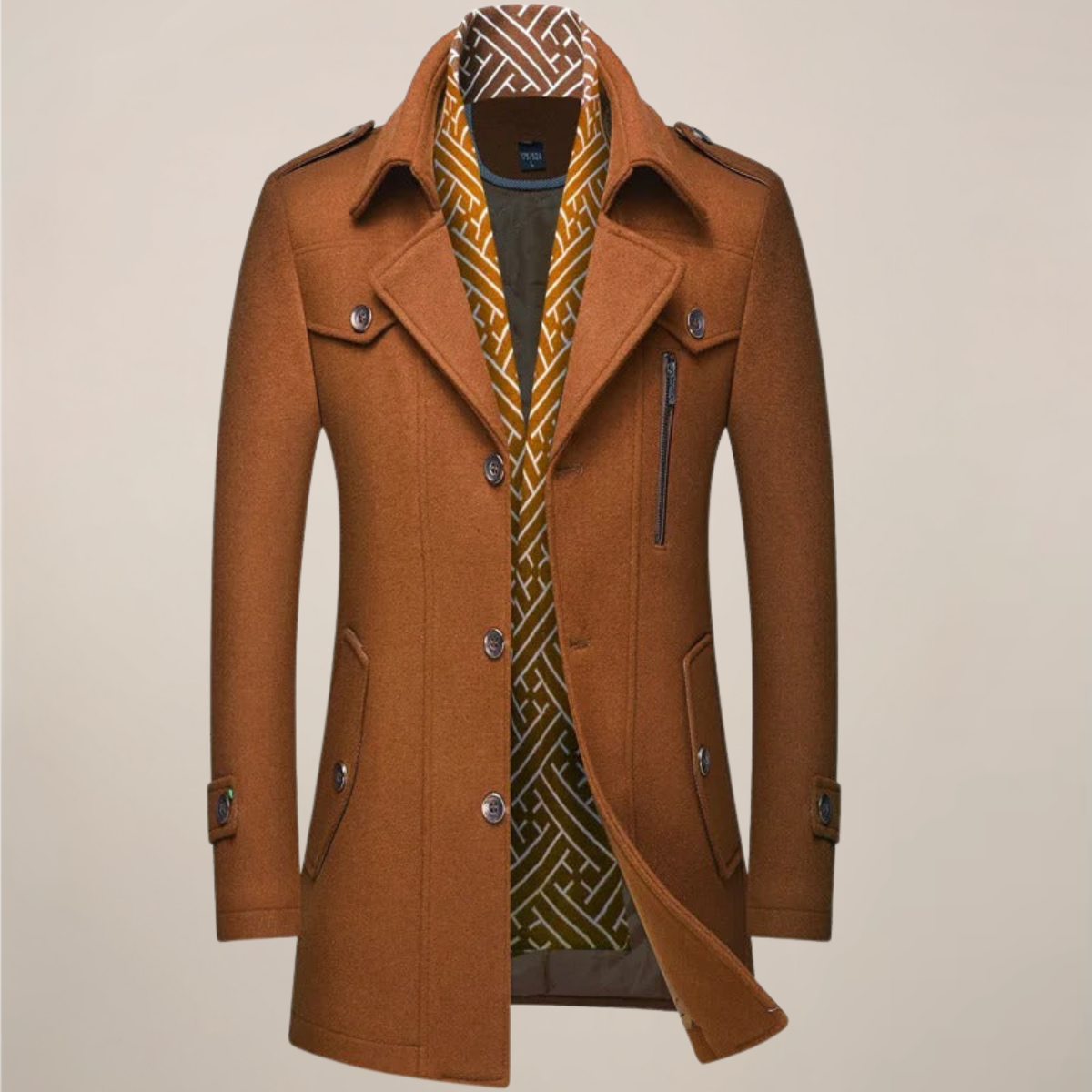 Men's long tailored wool overcoat in classic cut, button-up professional winter coat with sleek silhouette