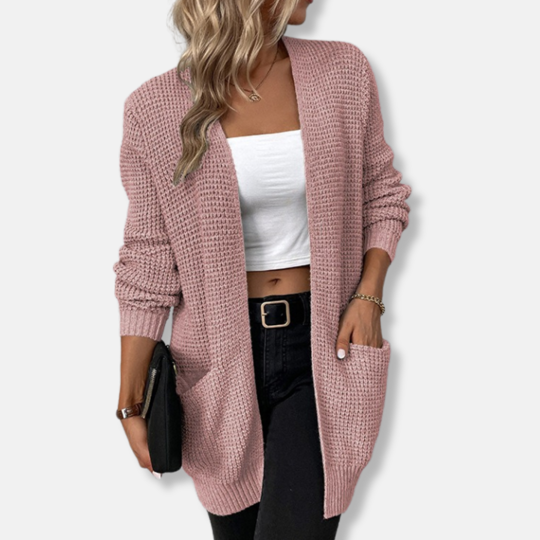 Women's relaxed fit waffle knit cardigan open front with patch pockets cozy fall layering essential