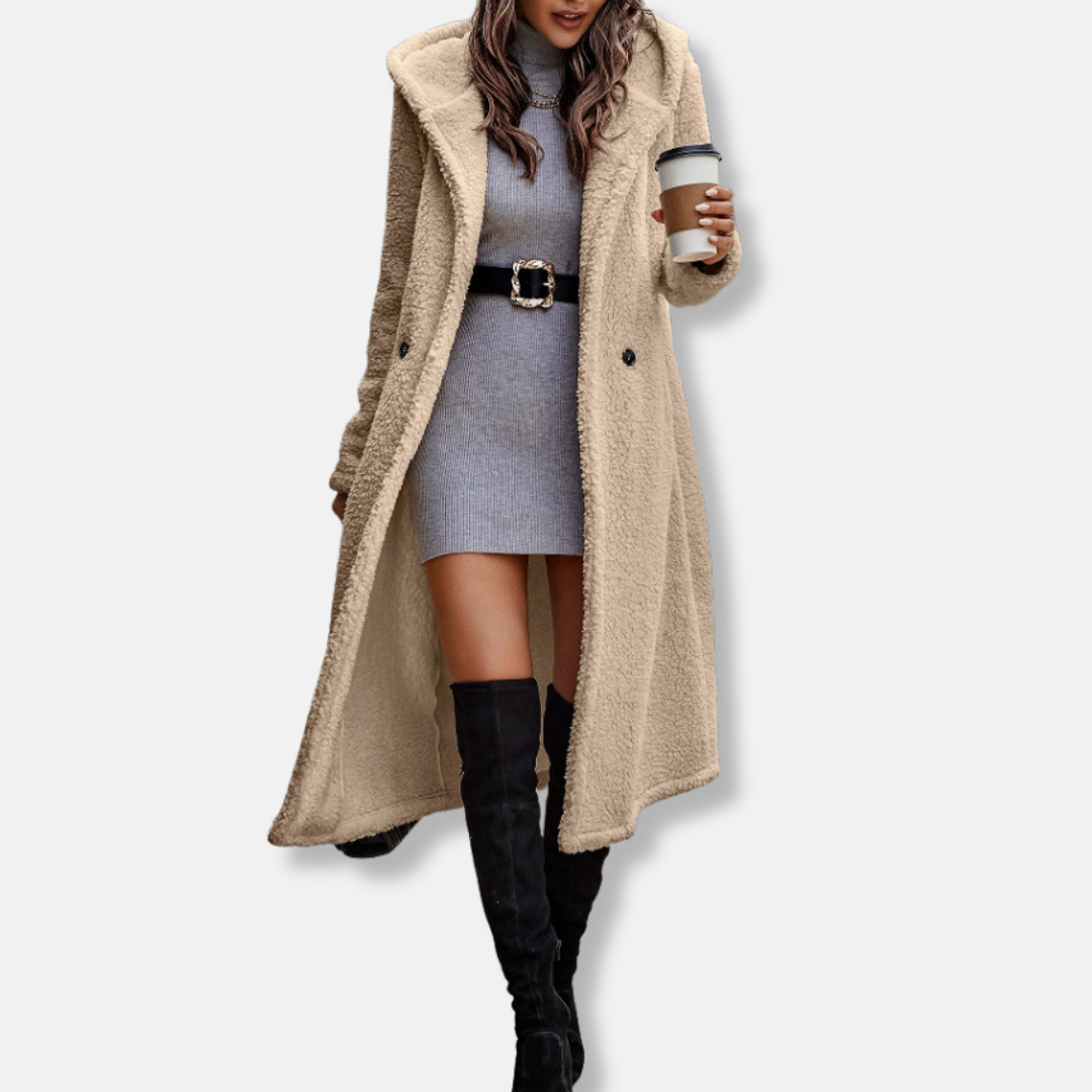 Women's long hooded plush coat relaxed fit notched lapel soft-texture warm winter outerwear