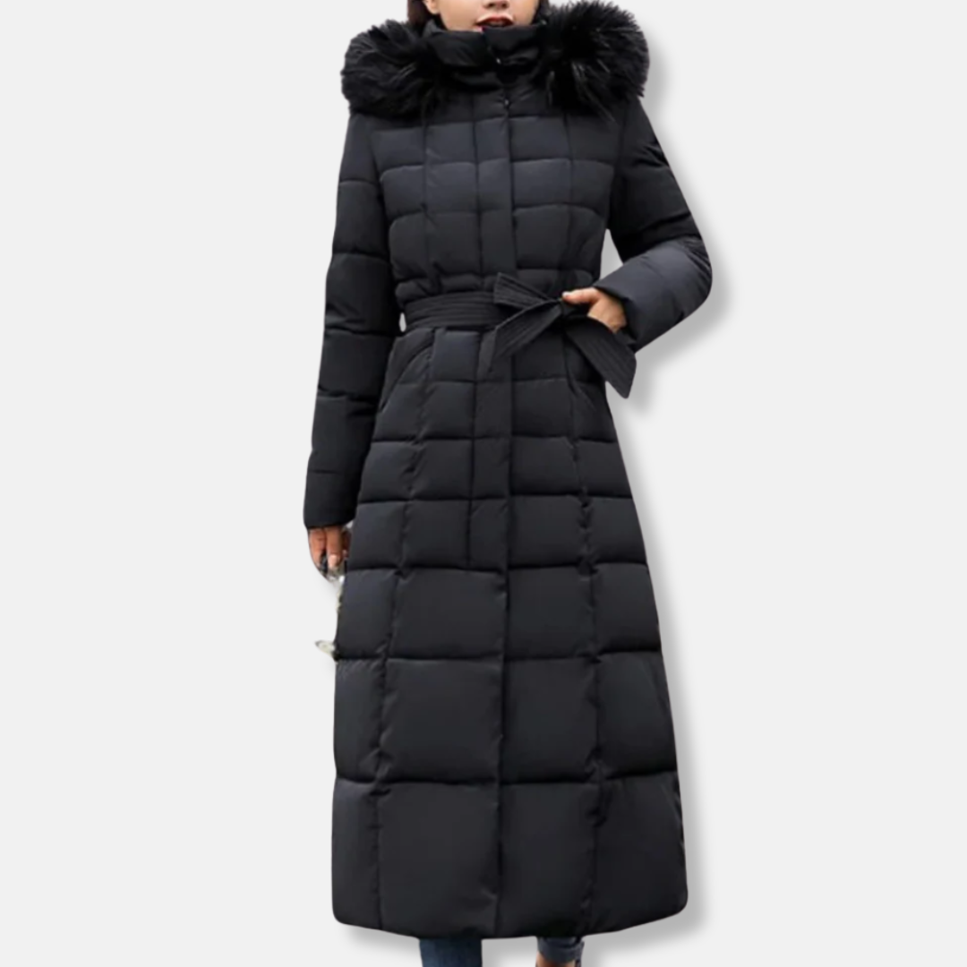 Women's long quilted slim fit coat with belted waist, fur-trimmed hood, insulated for cold weather
