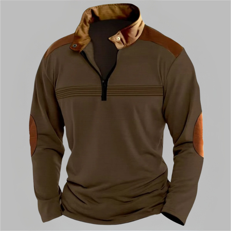 Men's two-tone half-zip pullover, athletic-inspired cut with soft texture and color-block detail