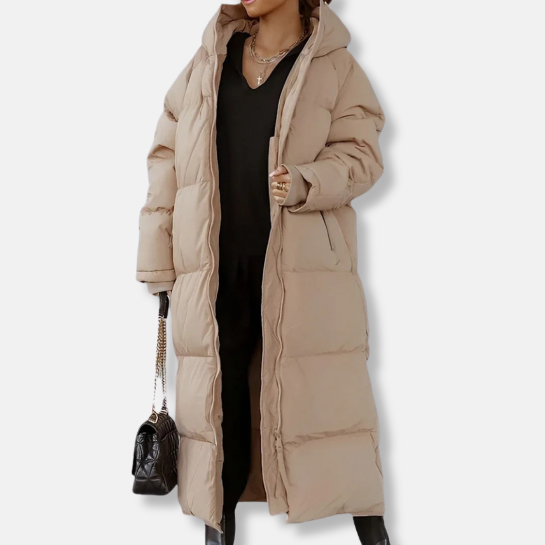 Women's oversized quilted padded long coat hooded full-zip winter outerwear streamlined silhouette