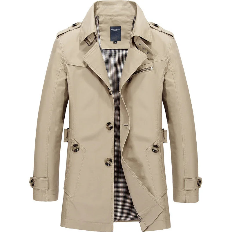 Men's knee-length belted trench coat classic cut with shoulder epaulets, timeless business casual style