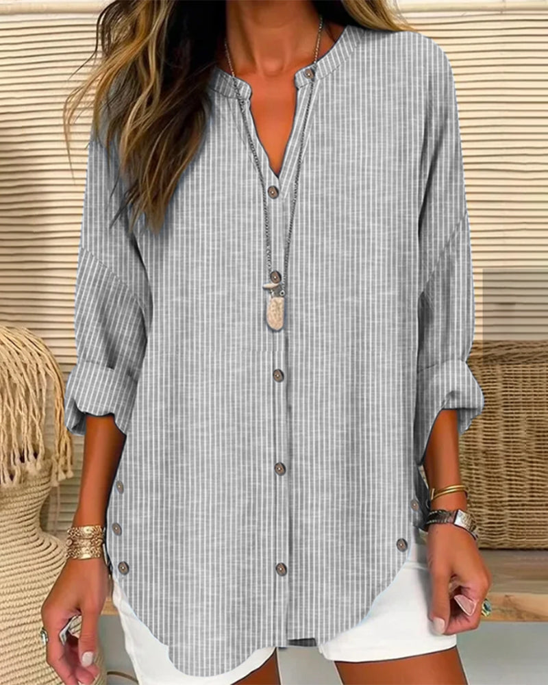 Women's striped V-neck top casual chic lightweight versatile office weekend wear relaxed fit