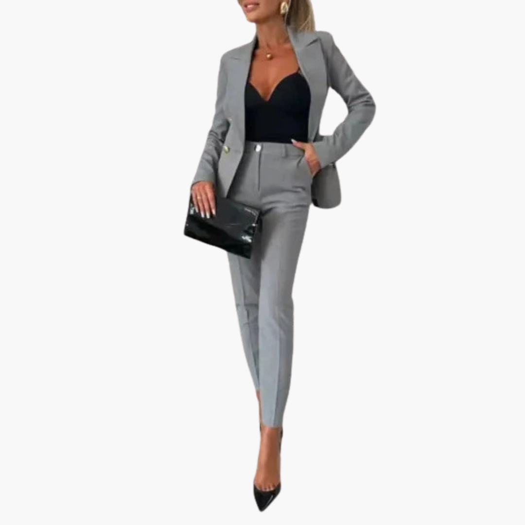 Women's elegant navy blue buttoned jacket and straight-leg pants professional suit set