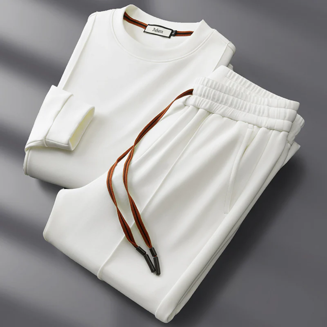 Beige cotton-silk draped tracksuit set minimalist unisex loungewear with fluid silhouette