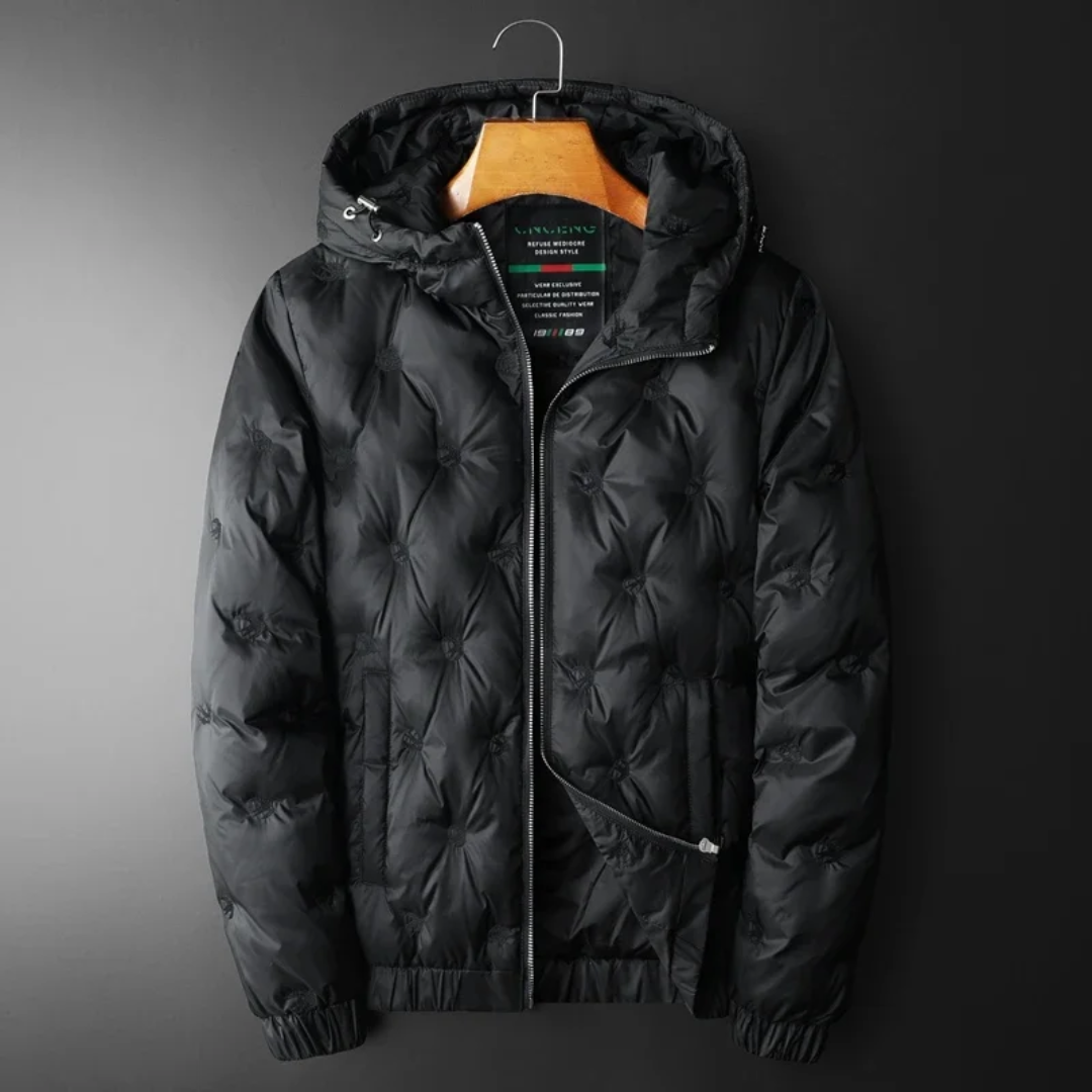 Men's quilted down jacket navy hooded silhouette premium white duck insulation lightweight winter
