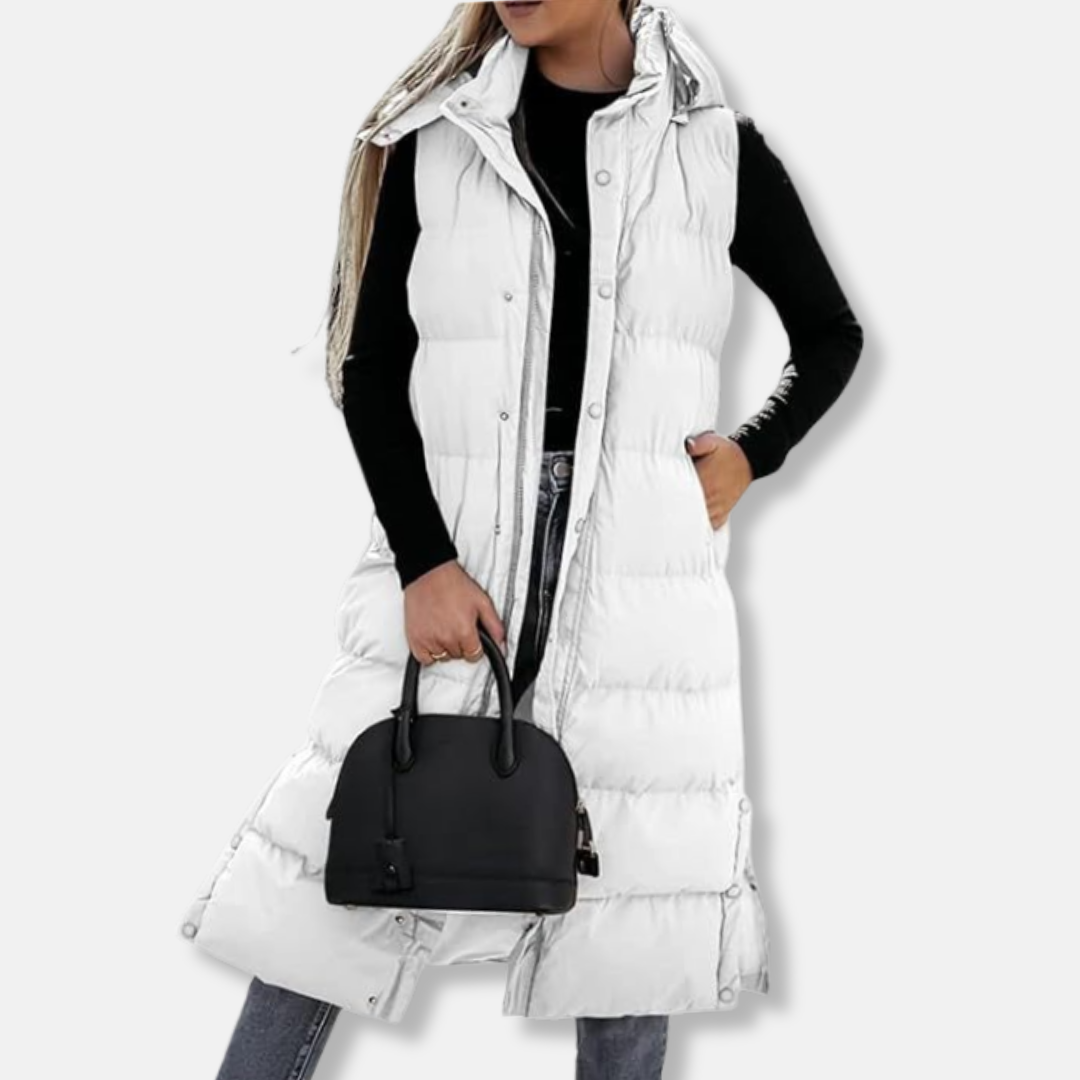 Women's black ankle-length quilted puffer vest relaxed fit hooded sleeveless with side slits