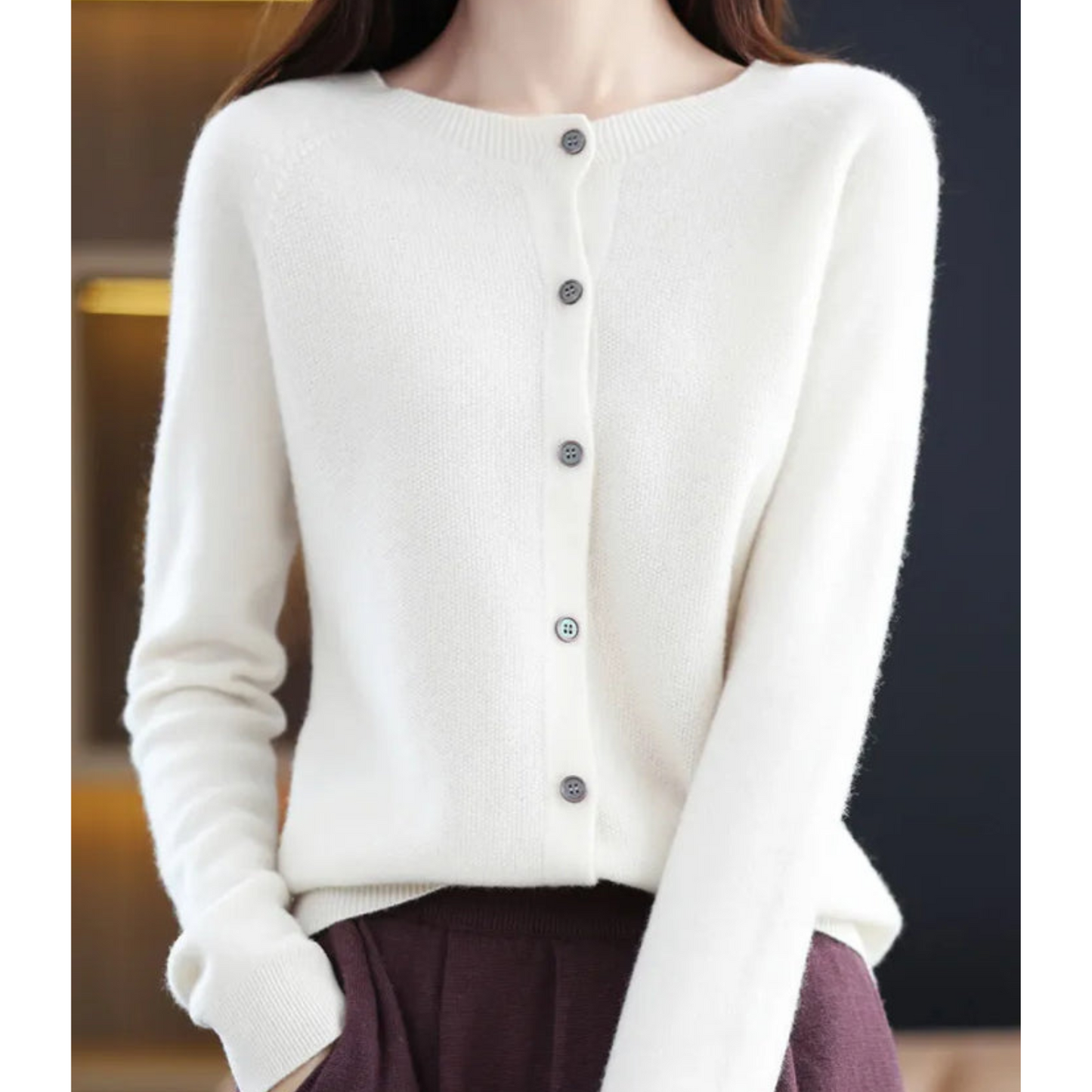 Women's merino wool cardigan beige round neck knit slim-fit with ribbed hem luxurious soft layer