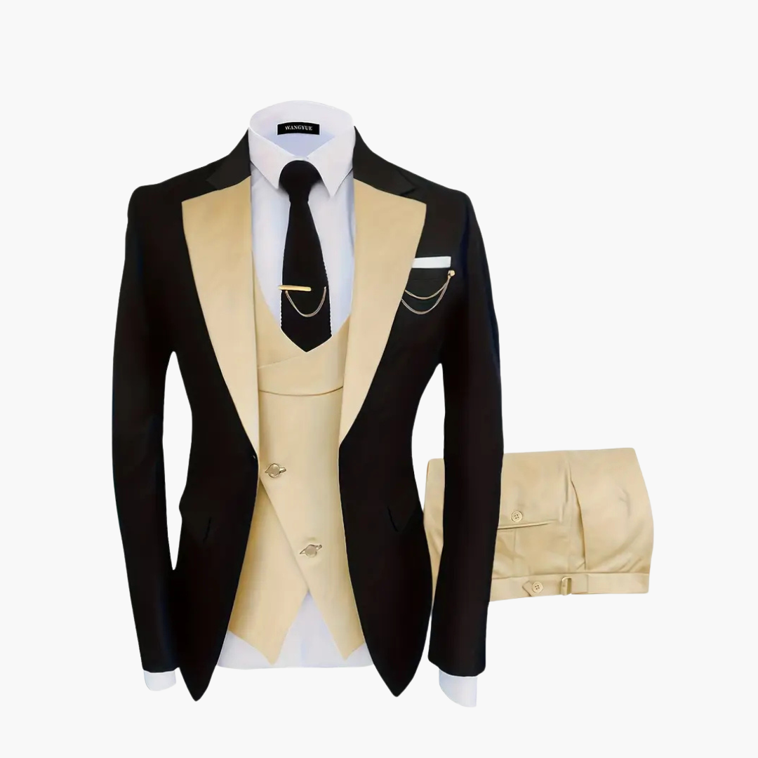 Men's slim fit three-piece wedding suit in classic neutral tone with coordinated vest and trousers