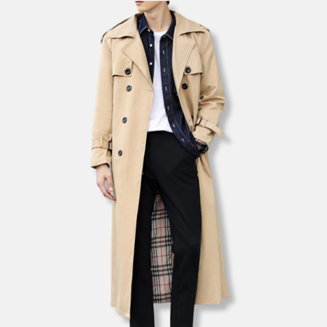 Men's tailored fit double-breasted full-length trench coat in classic neutral tone with belt detail