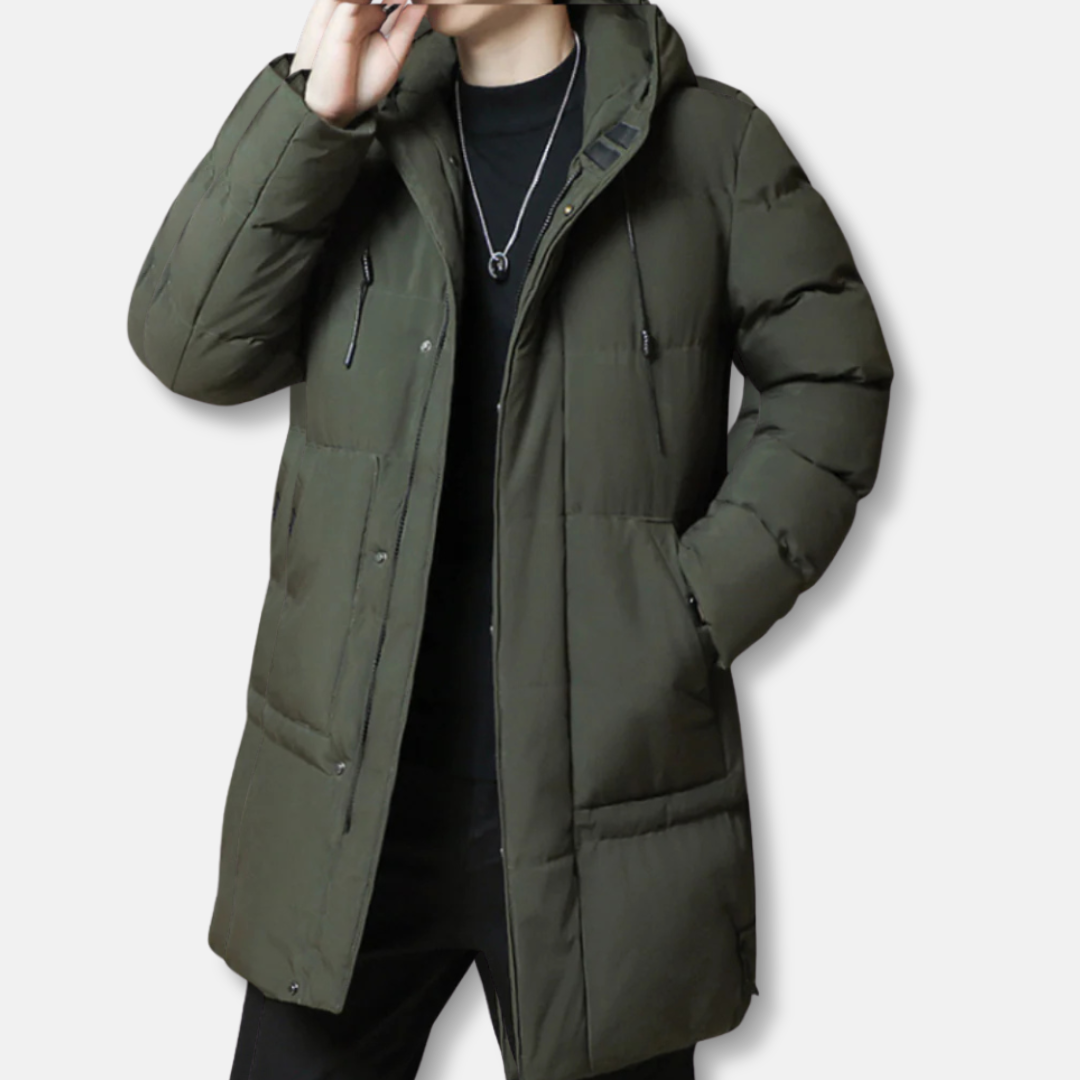 Men's black quilted puffer jacket hooded mid-thigh relaxed fit nylon cold weather coat
