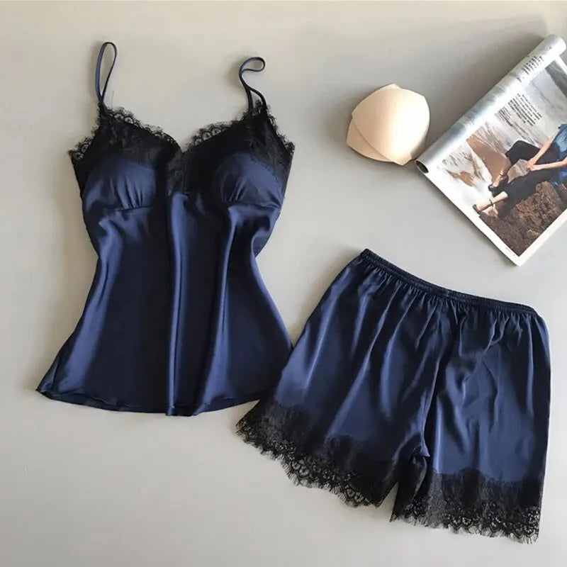 Black silk camisole and shorts sleepwear set for women with delicate lace trim detailing