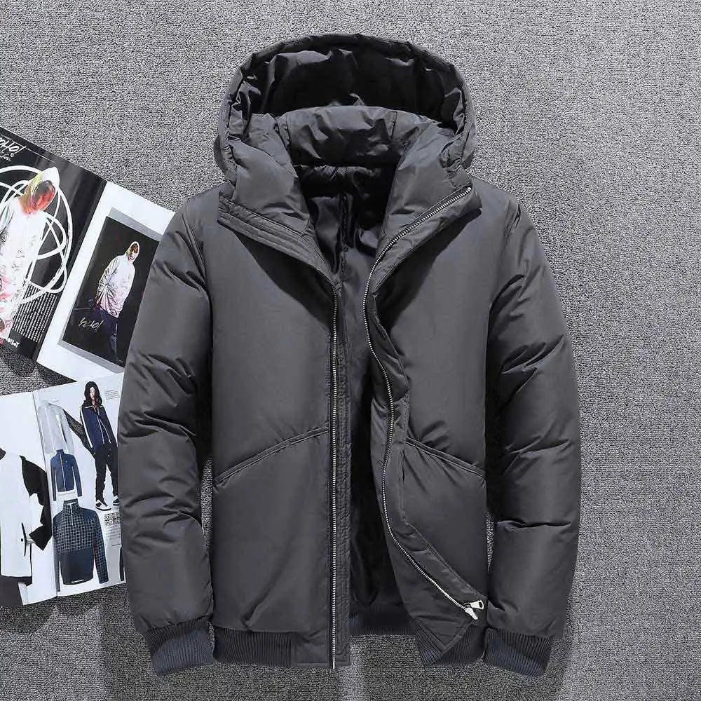 Men's black puffer jacket with hood, slim silhouette, front zipper closure for cold weather outdoor wear