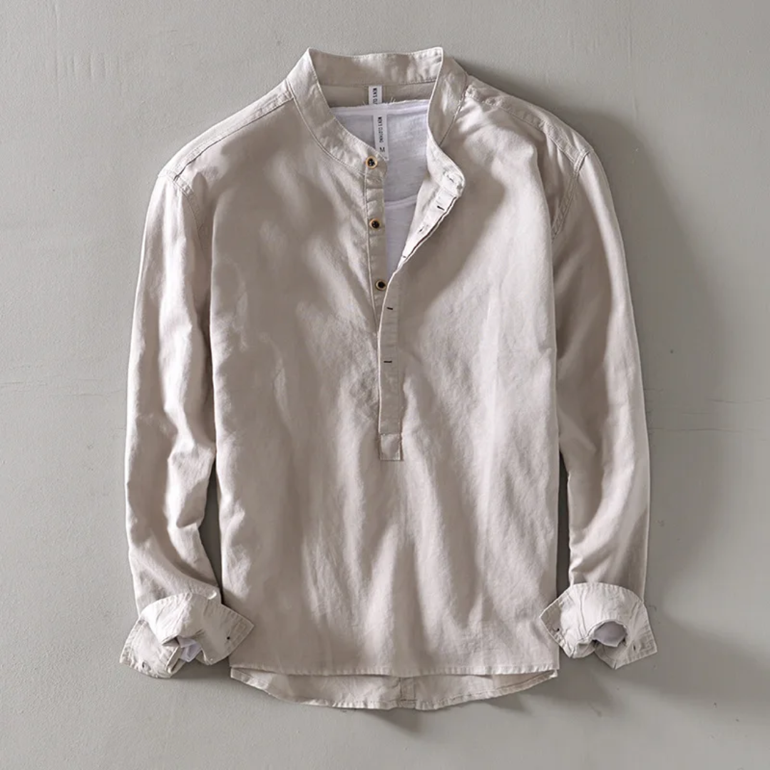 Men's light beige linen shirt relaxed fit mandarin collar breathable lightweight warm-weather style