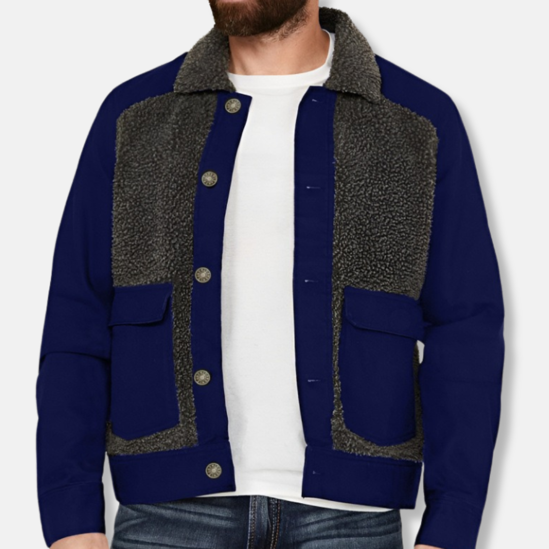 Men's patchwork sherpa collar coat waist-length regular fit button-up warm outerwear in rugged style