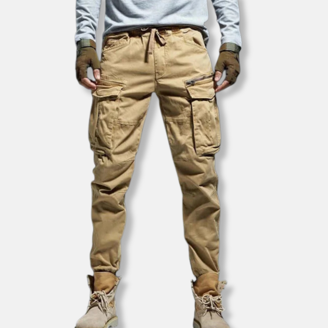 Men's gray cargo jogger pants relaxed fit cotton blend with utility pockets tapered leg