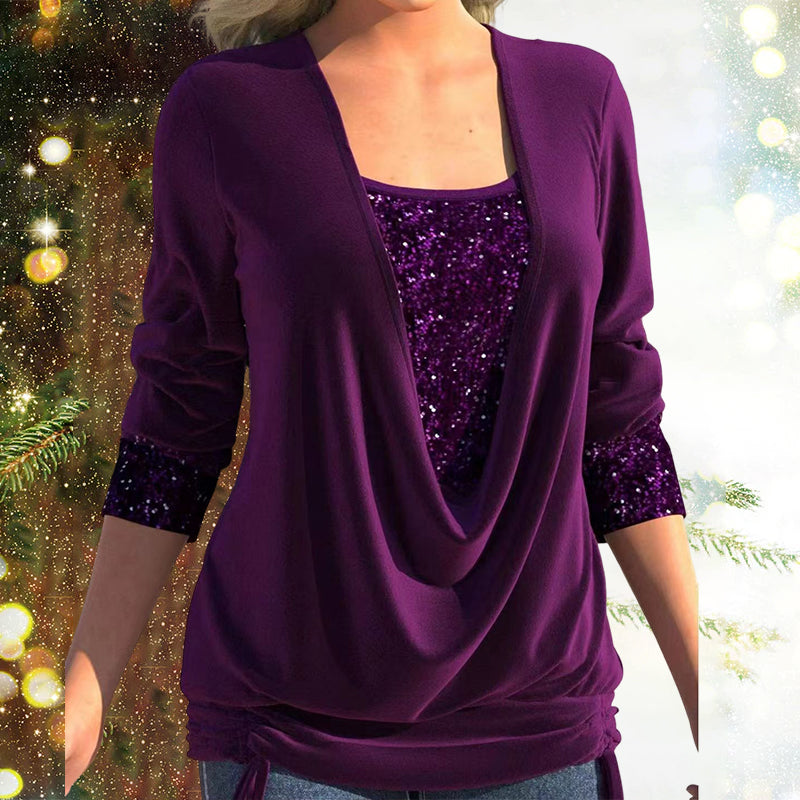 Women's loose-fit sequined blouse long sleeve casual formal top with tummy-hiding silhouette