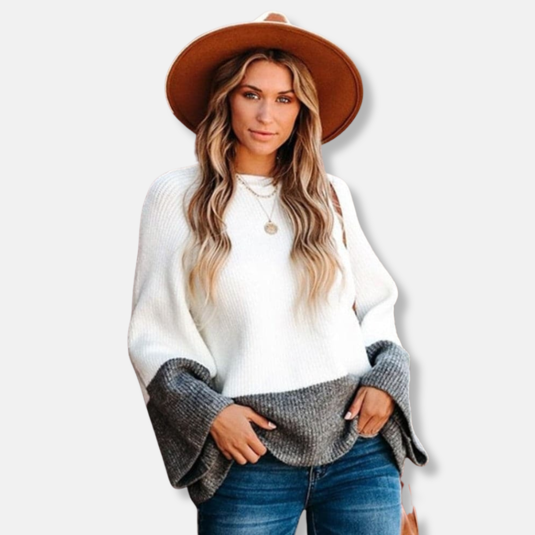 Women's relaxed fit color block crewneck pullover sweater with dramatic bell sleeves and ribbed detailing