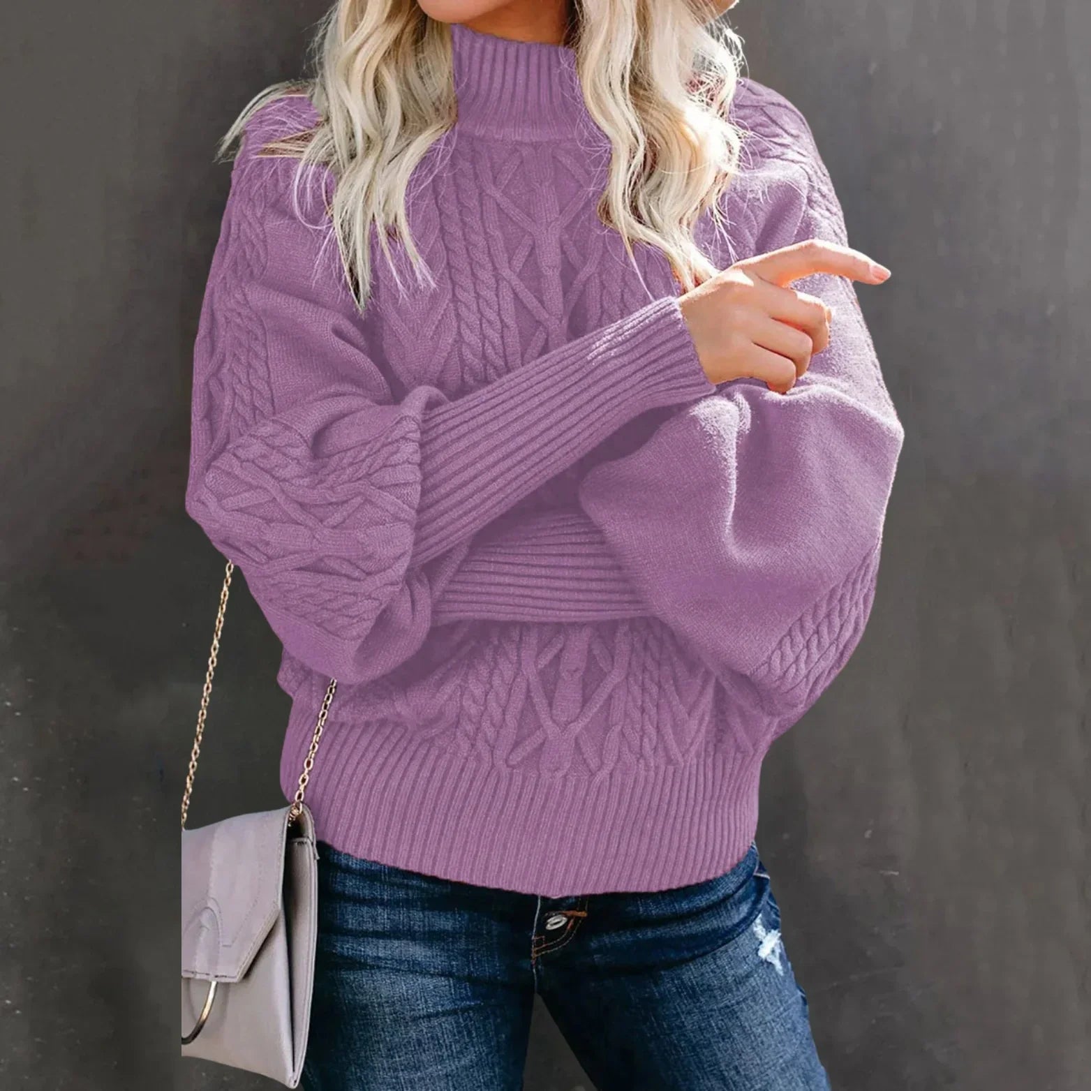 Women's oversized cream cable knit sweater high neck relaxed fit cozy textured pullover