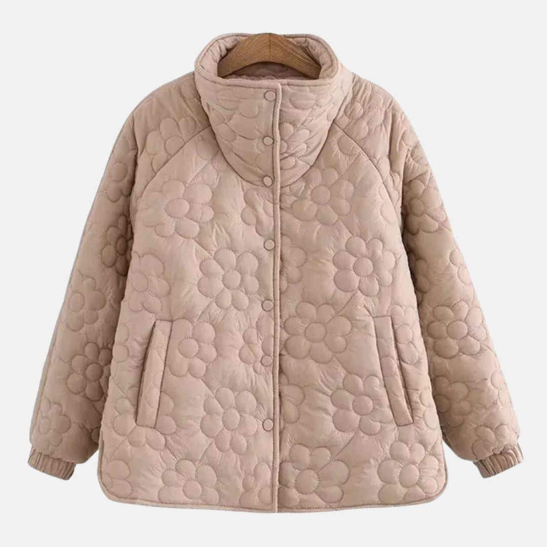 Women's quilted floral PU-leather jacket stand collar relaxed fit hip-length elegant outerwear