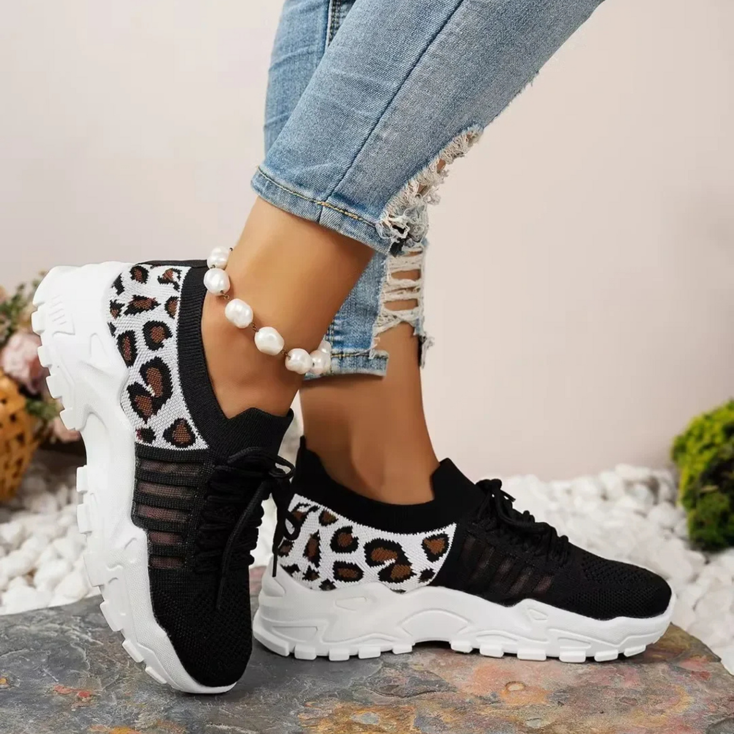 Women's leopard print knit sneaker chunky sole ultra-lightweight breathable sock fit athletic shoe