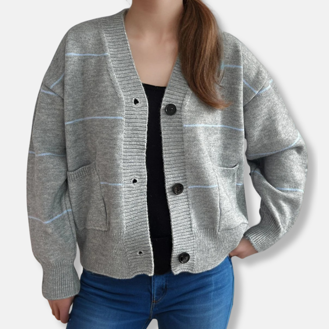 Women's loose fit V-neck cardigan medium-weight knit hip-length long sleeve button closure