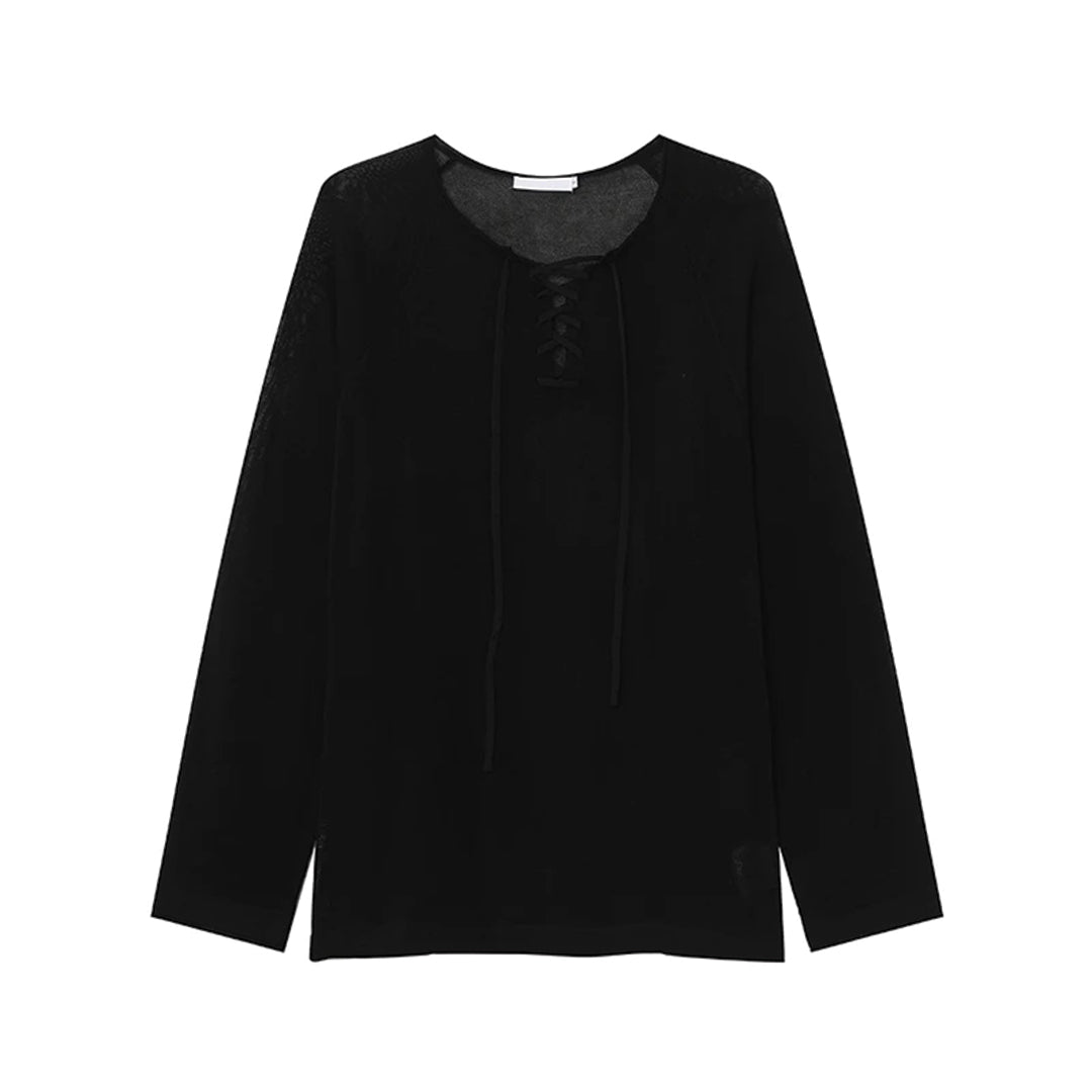 Ashen gray long sleeve lace-up neckline top slim draped silhouette lightweight viscose women