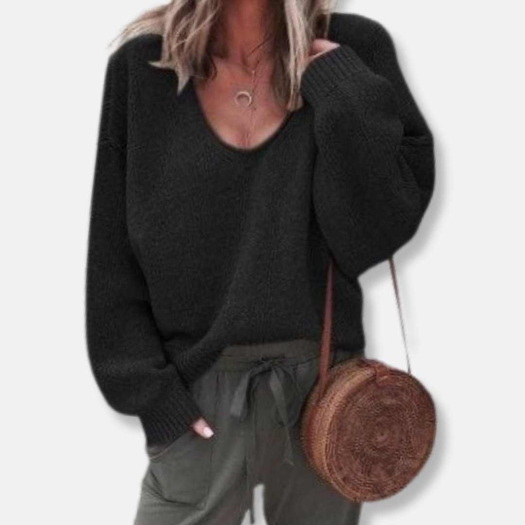 Women's relaxed fit deep V-neck knit sweater soft wool blend cozy everyday style