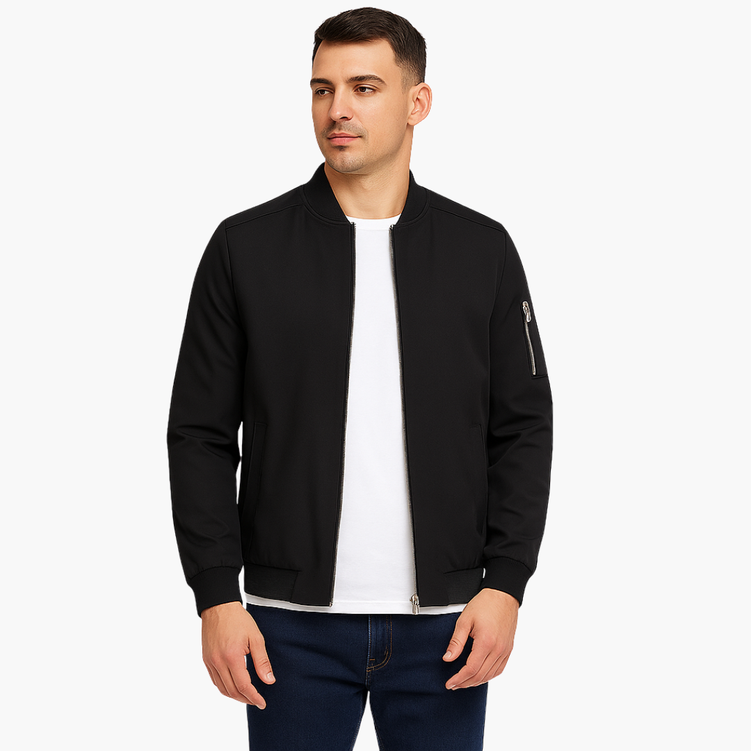 Men's black bomber jacket with zip front, ribbed hem, stand-up collar, and welt pockets for everyday wear