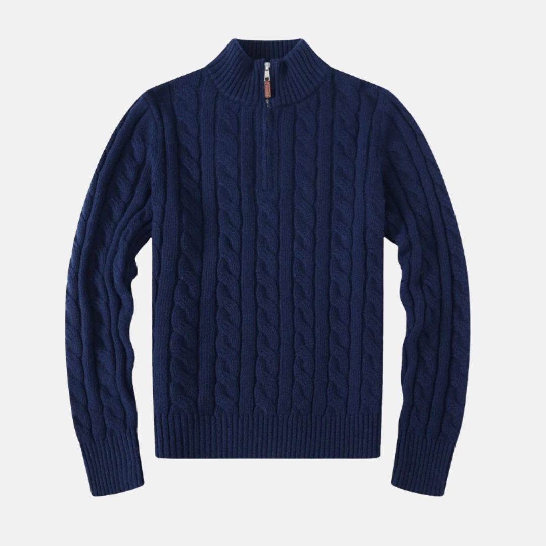 Men's cable knit cotton blend half-zip sweater with stand-up collar, smart casual style