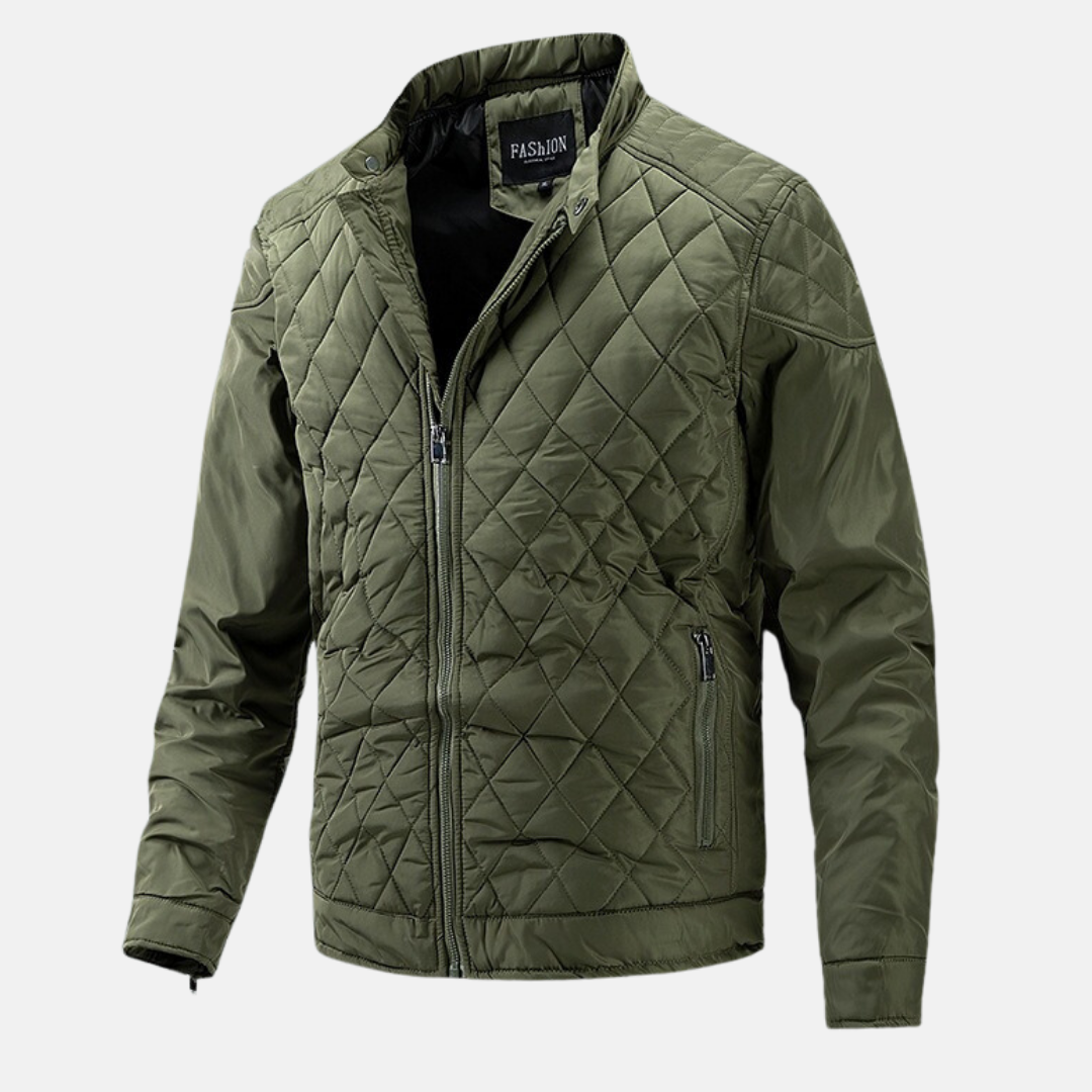 Men's slim fit wool blend quilted jacket with diamond pattern and stand collar, all-season winter coat