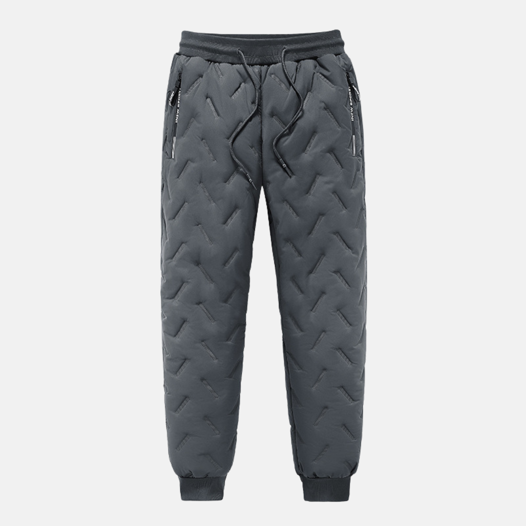 Men's black quilted sweatpants relaxed fit with elastic waist and tapered cuffed ankles