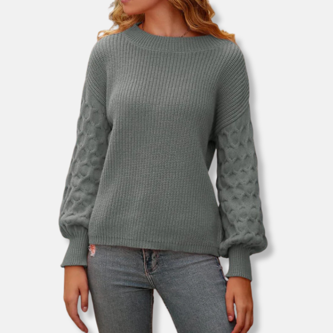 Women's knit pullover sweatshirt relaxed fit balloon sleeves round neck casual chic everyday top