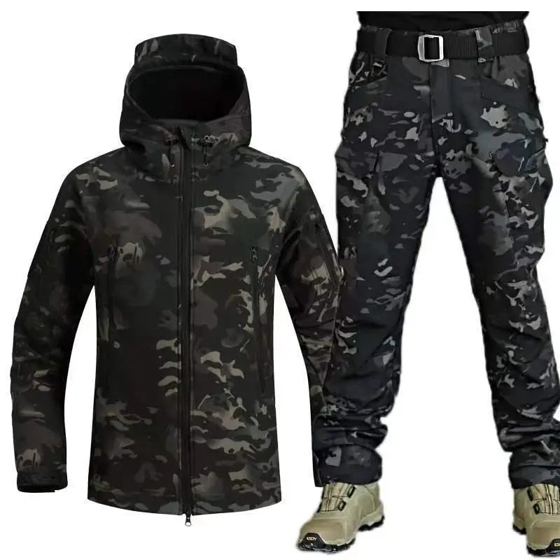Men's windproof softshell hiking suit jacket and cargo pants with adjustable fit utility pockets
