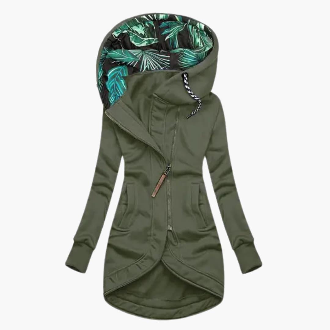 Women's quilted winter jacket with fixed hood, raised neckline, and large front pockets for cozy warmth