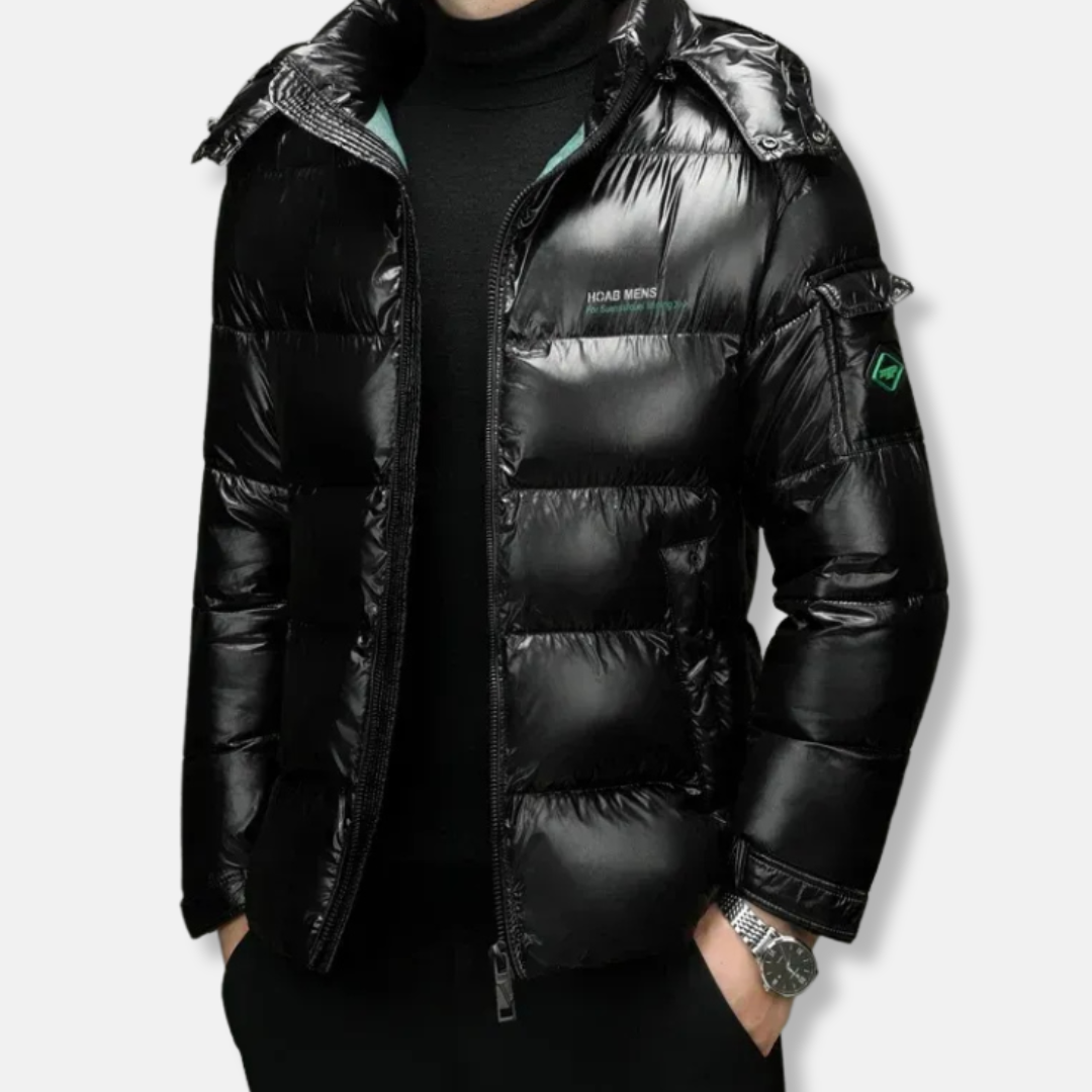 Men's quilted puffer jacket with stand collar, full-zip hooded design for all-season warmth