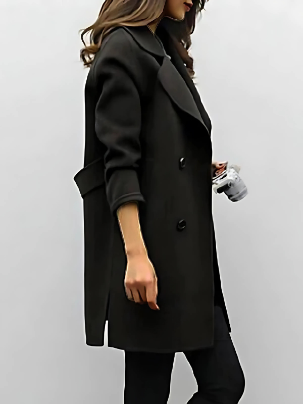 Charcoal double-breasted longline blazer jacket tailored professional silhouette extended length workwear