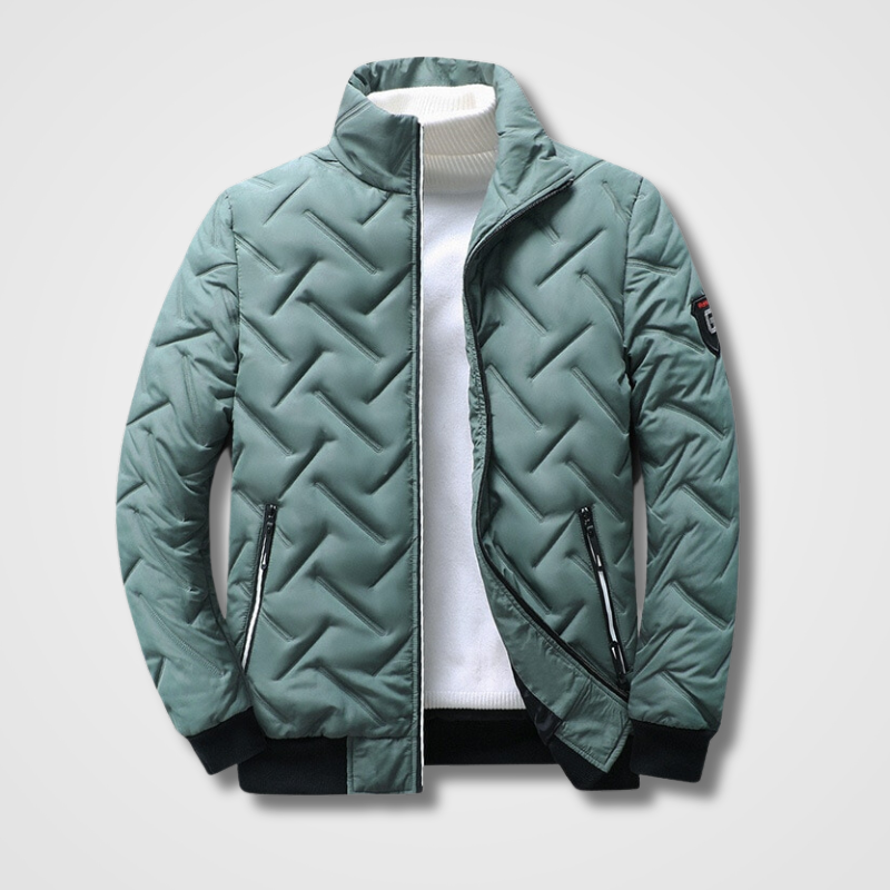 Men's slim fit puffer jacket with quilted design, stand-up collar, and front zipper for everyday wear