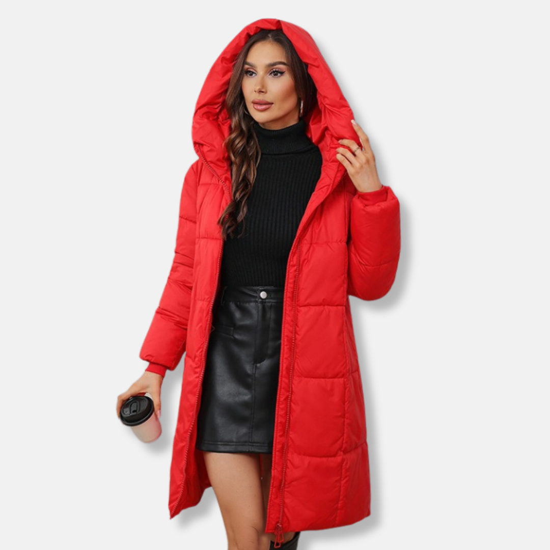 Women's slim-fit quilted mid-length hooded winter coat in insulated outerwear with streamlined silhouette