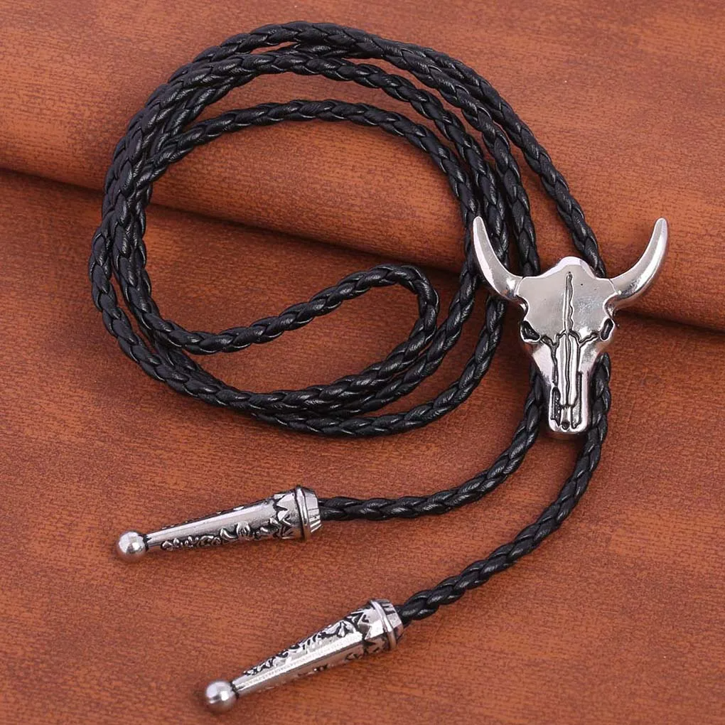 Western bolo tie sculpted longhorn skull centerpiece engraved tips braided faux leather adjustable cord