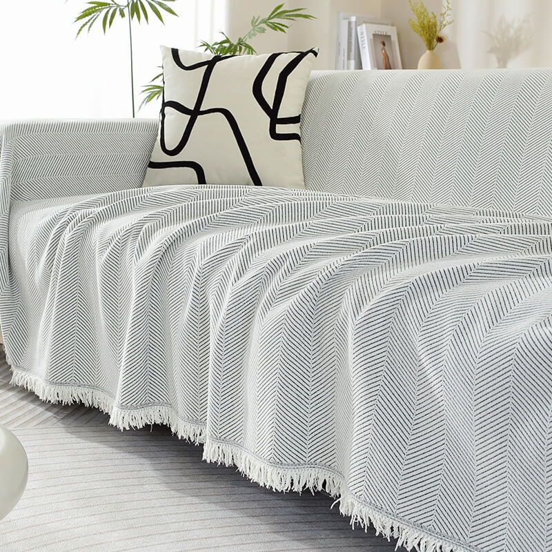 Chenille herringbone throw blanket ultra-soft cozy tassel edging living room decor accent