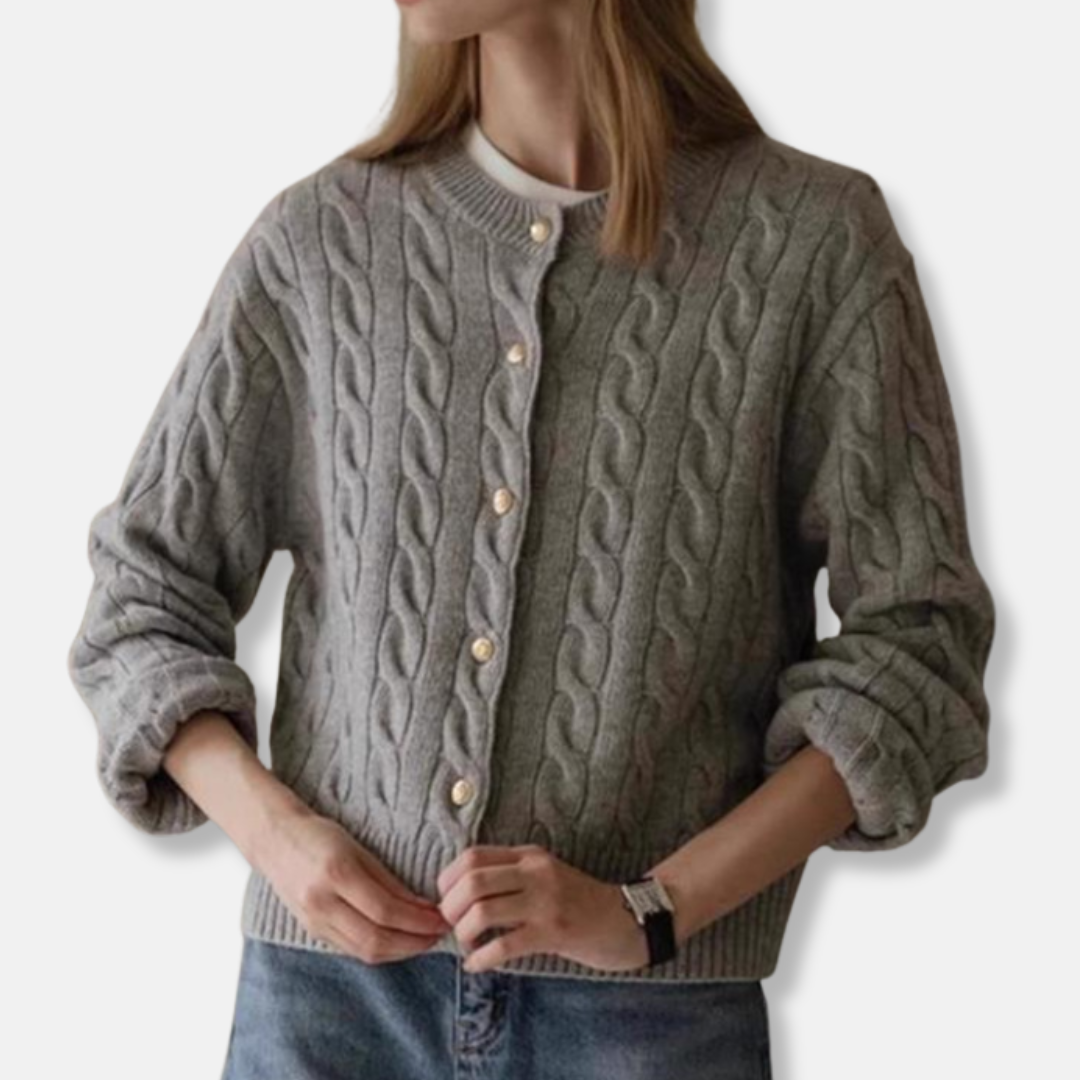 Women's beige cable knit cardigan relaxed fit button closure ribbed edges everyday cozy layering
