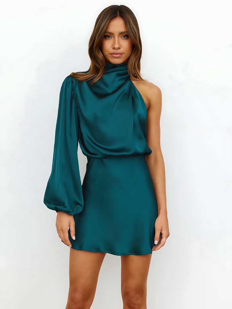 Women's black asymmetrical mini dress with one-shoulder long sleeve and sculptural high collar silhouette
